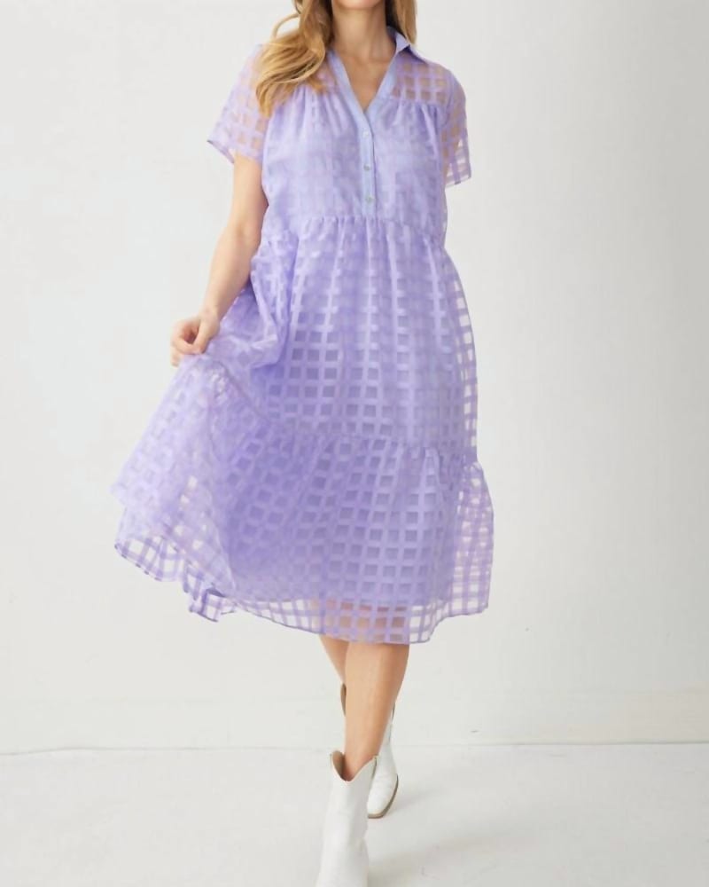 Front of a model wearing a size Large Feels Like Forever Midi Dress in Lavender in Lavender by entro. | dia_product_style_image_id:326080